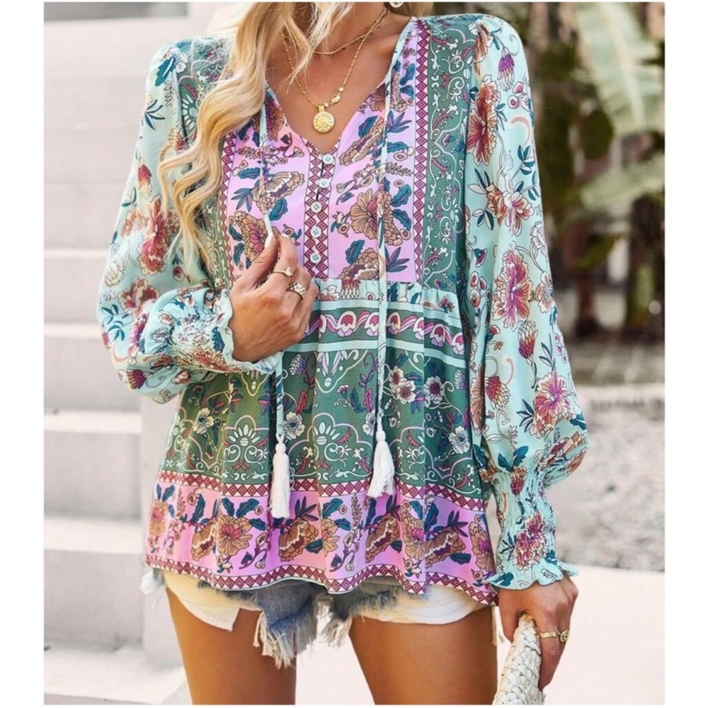 Boho Floral Print Cottagecore Blouse S M L XL